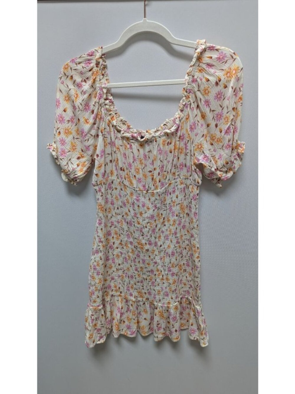 Lily Rose Cream/Pink/Orange Floral Ruched Mini Dress